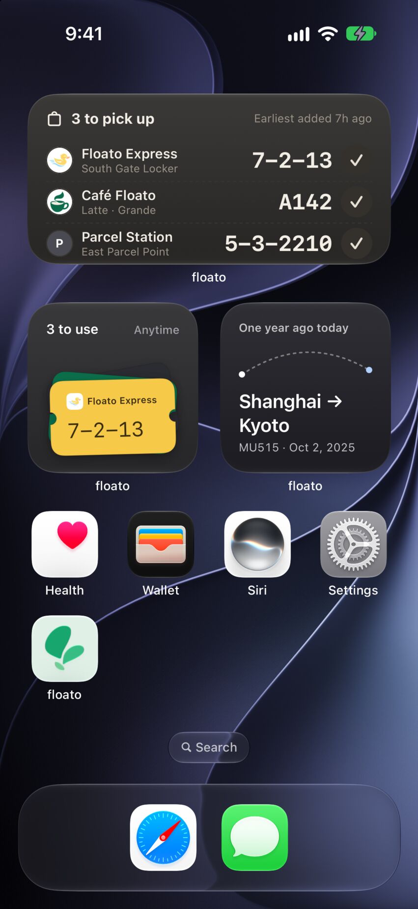 floato widgets on the Home Screen: a medium widget listing three pickup codes, each with a Done button, above a pickup code and a flight from one year ago today